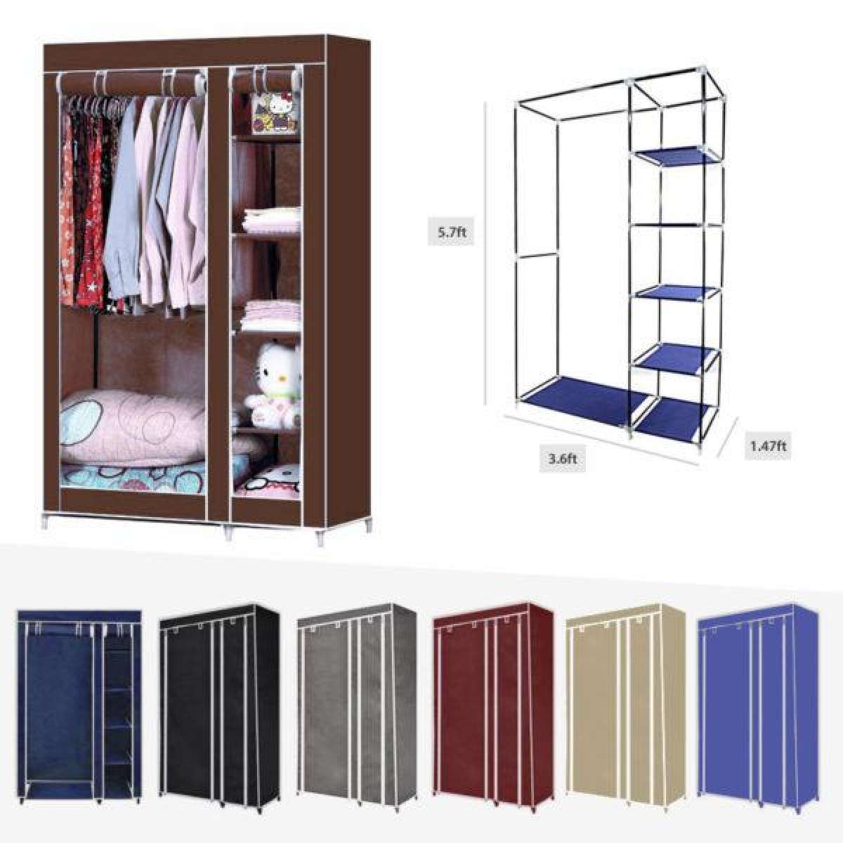 2-Door Foldable Closet Wardrobe – Portable Storage Organizer with Shelves (105x45x175cm, Random Color)